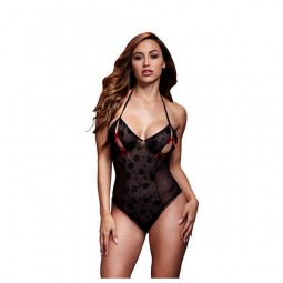 Body & Reggiseno in Pizzo Nero con Fiocco Rosso Taglia Unica Baci Lingerie BW3112