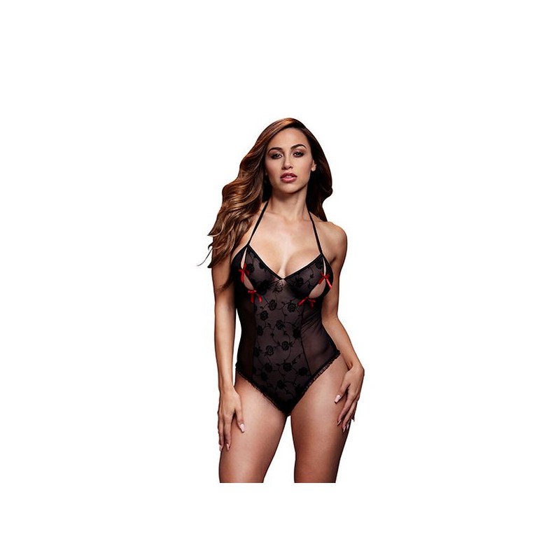 Body & Reggiseno in Pizzo Nero con Fiocco Rosso Taglia Unica Baci Lingerie BW3112