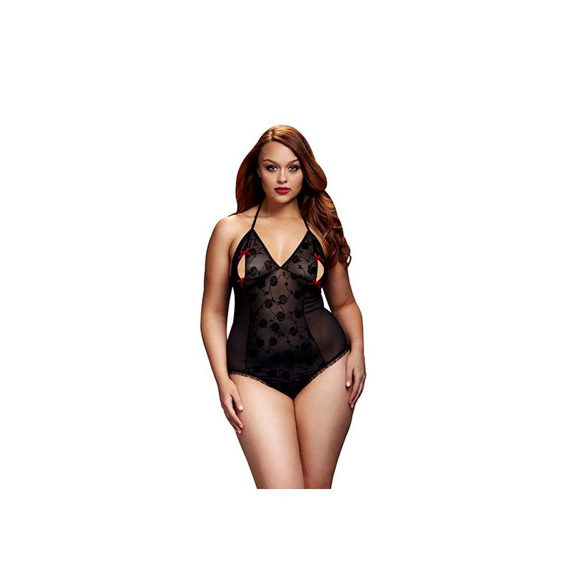 Black Lace Bodysuit & Bra Slits Red Bow Queen Size Baci Lingerie BW3112